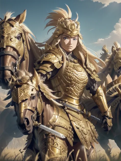 a fierce female warrior with flowing blonde hair, her face filled with determination and intensity. she raises her golden sword,...