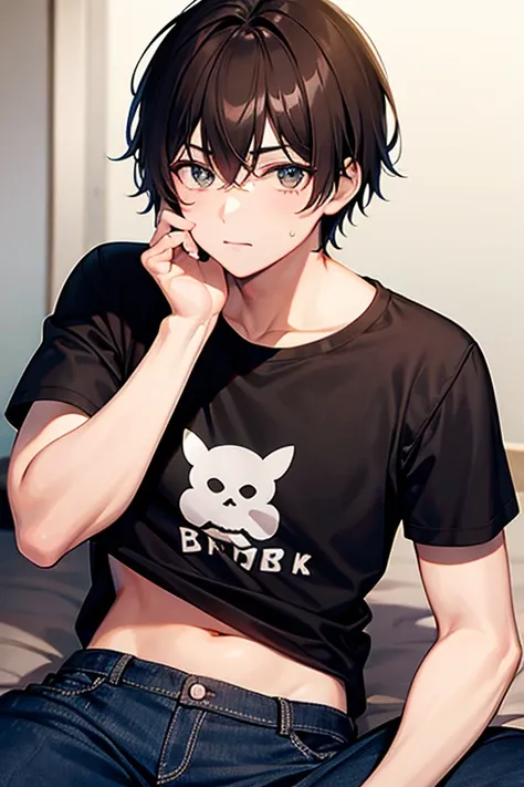 teenage boy, ((brown underwear)), beautiful eyes, ((black t-shirt))