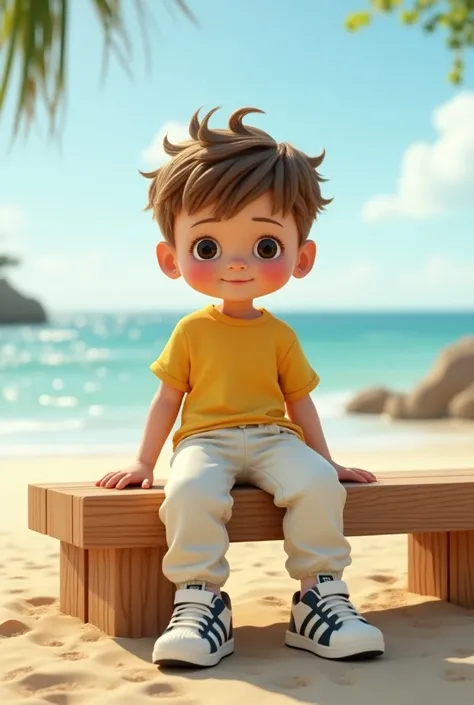 Cute doll-like ３ year-old boy sitting on a beach bench wears casual clothes 、 。 yellow adidas trainer 、 large white vinyl pants、sneakers、Ultra-realistic 3D animation quality、Photo quality、