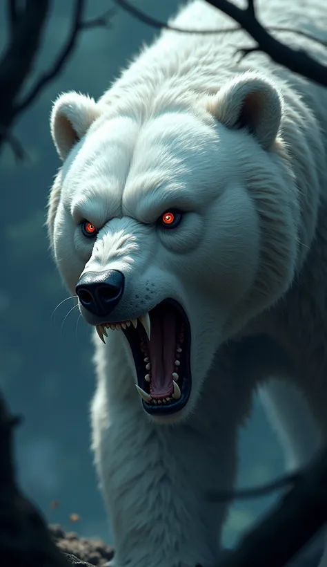 Close up, Macro head, 3D anime style aesthetic wallpaper, Side view of an angry looking bear, white fur, night, tree branches, High quality, 3D anime art, Art station, Highly detailed, Aesthetic, Concept art, Very fine detail, Stunning, 8K resolution.