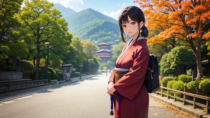 realistic japan woman. 35 mm shot cinematic, the background is a japanese city with beautiful traditional trees and buildings in...