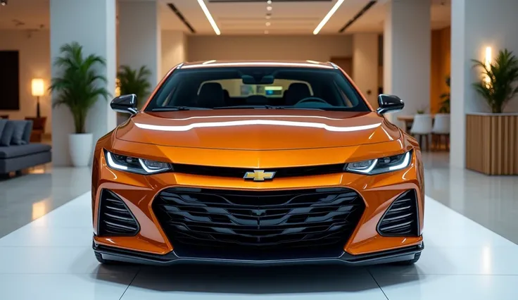 A front view of 2025 Chevrolet monte carlo in hickory colour in sleek and modern show room 