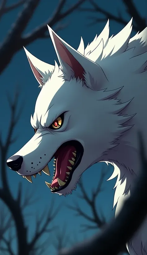 Close up, Macro head, 3D anime style aesthetic wallpaper, Side view of an angry looking dogo dog, white fur, night, tree branches, High quality, 3D anime art, Art station, Highly detailed, Aesthetic, Concept art, Very fine detail, Stunning, 8K resolution.