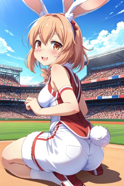 a close up of a person in a bunny costume sitting on a baseball field, todays featured anime still, nyaruko-san, official art, sfw version, in the anime film, screenshot from the anime film, anime still, official anime still, 8k!, anime style”, aniplex, st...