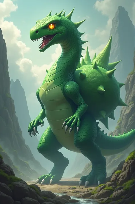 "Create an epic fantasy hybrid fusion of Bulbasaur and a raptor, showcasing a massive, dangerous monster with a slim, agile raptor body. The creature should be primarily green, featuring Bulbasaurs iconic bulb on its back while maintaining the sleek, preda...