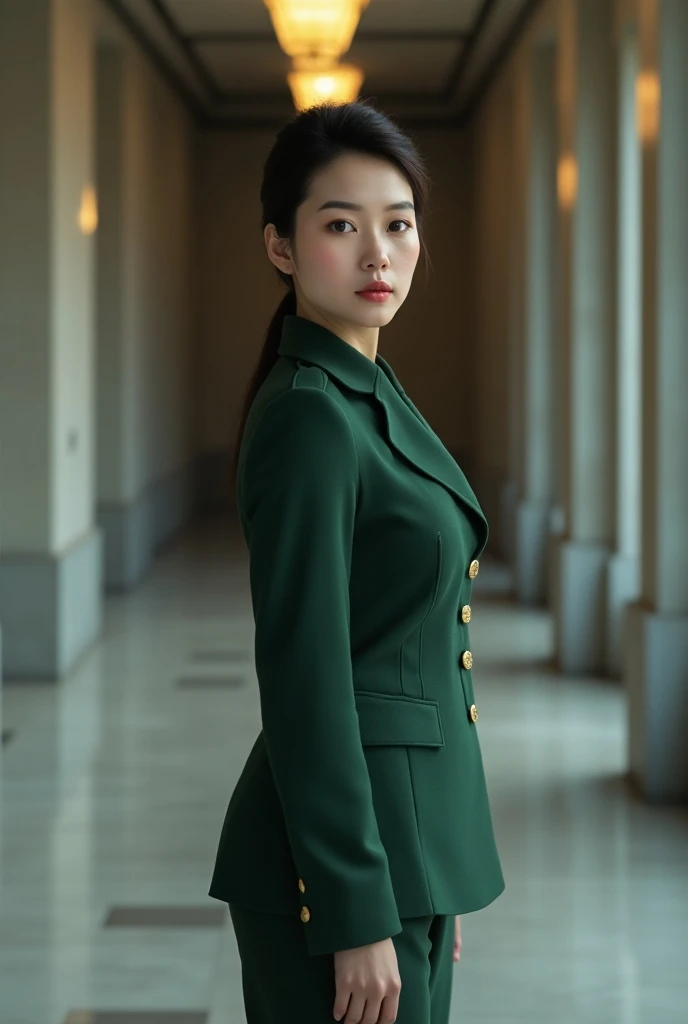  woman in green military uniform， Korean beauty ，（Full body photo，panoramic，Wide-angle lens）The background is a hallway of the bureau 