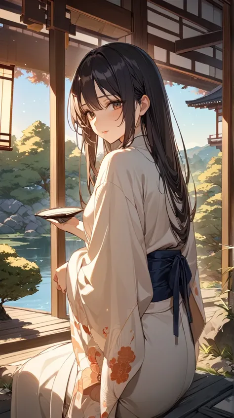 One Girl、 gentle expression、Kind eyes、 long straight hair 、Traditional Japanese clothing、 Graceful Posture、Small breasts、 holding a fan in hand、  
break、  
At dusk、（Soft Light:1.2）、Warm colors、Gentle Shadows、Historical atmosphere、Quiet Beauty、 Artistic Tou...