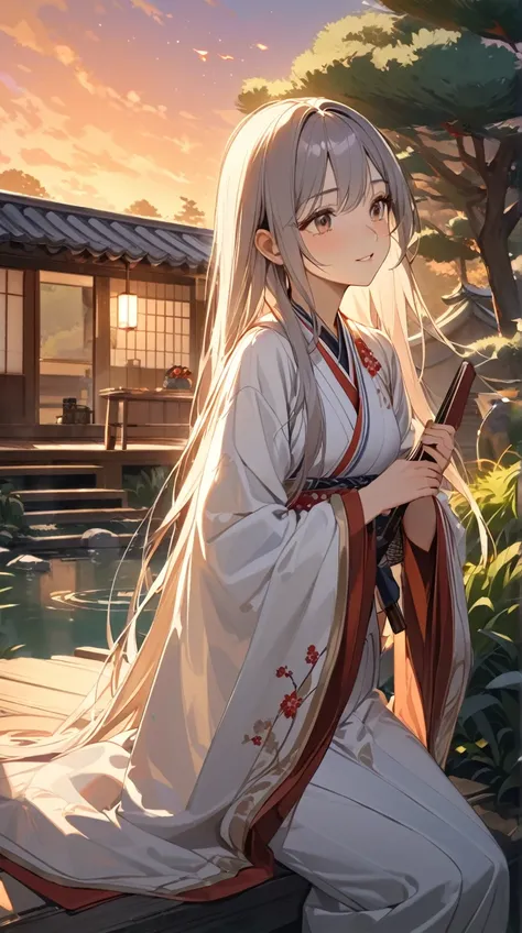 One Girl、 gentle expression、Kind eyes、 long straight hair 、Traditional Japanese clothing、 Graceful Posture、Small breasts、 holding a fan in hand、  
break、  
At dusk、（Soft Light:1.2）、Warm colors、Gentle Shadows、Historical atmosphere、Quiet Beauty、 Artistic Tou...