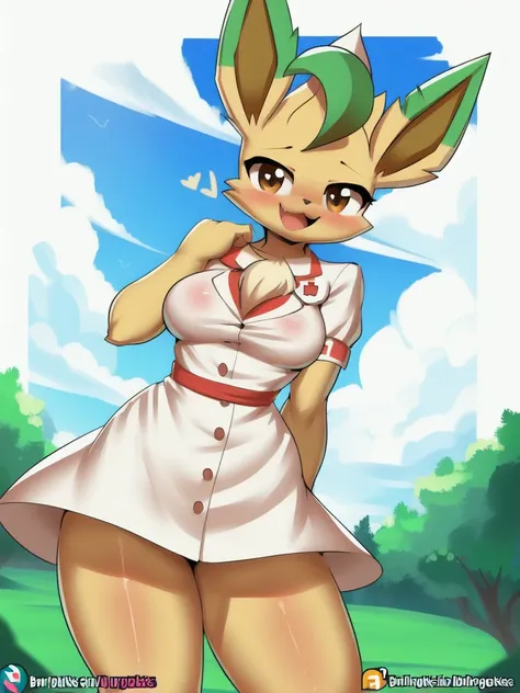 pokemon, female,leafeon, ,furry, standing,expression smile.pure white background,all ages，panorama,exquisite images,nurse unifor...