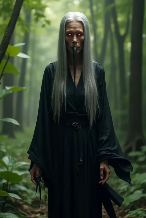 A hundred-year-old Thai woman has long straight gray hair, red eyes, long sharp black nails. She has a long black tongue, wears a black Thai dress, and stands in the forest.