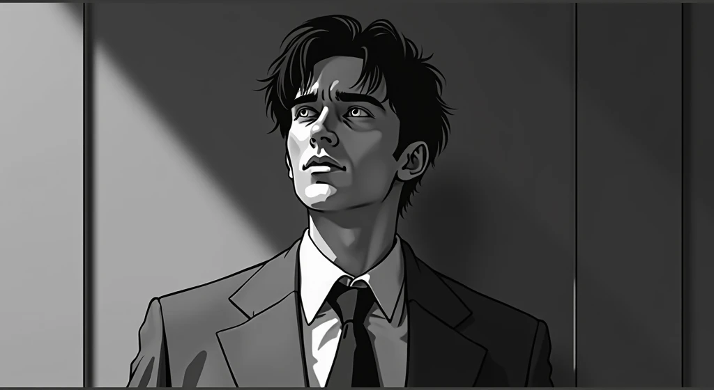 a calm and intelligent man in a grey suit, fearless expression, dramatic black and white manga style, highly detailed, photorealistic, 8k, masterpiece, cinematic lighting, chiaroscuro, sharp focus