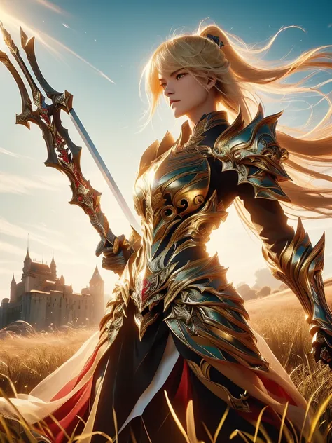 A fierce female warrior with flowing blonde hair, her face filled with determination and intensity. She raises her golden sword, pointing it forward, as if commanding her troops or challenging the enemy. Her intricately detailed golden armor and shield gle...