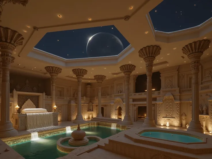 Under the soft glow of the moonlight, an ancient South Indian bathhouse, nestled within a grand palace, unveils its stunning multi-layered architecture. Intricately carved stone pillars and designs in the Dravidian style reflect in the tranquil, silvery li...