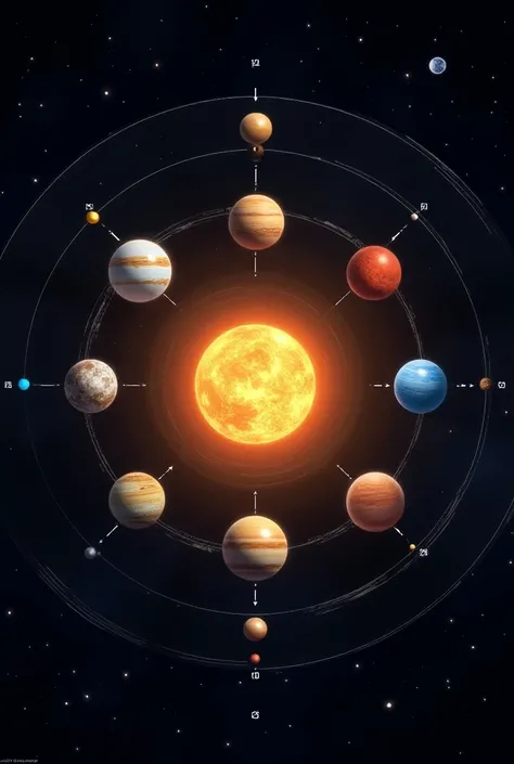 "Illustrate the solar system with the Sun at the center, surrounded by all the planets: Mercury, Venus, Earth, Mars, Jupiter, Saturn, Uranus, and Neptune. Each planet should be distinct, showcasing their unique characteristics: Mercury small and rocky, Ven...