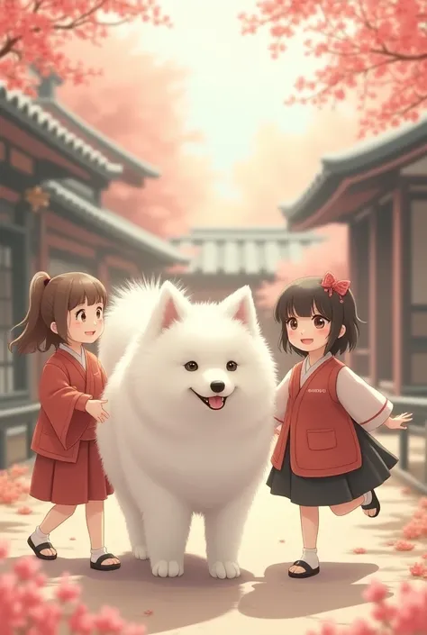 A cute white Samoyed dog walking with three beautiful Japanese girls