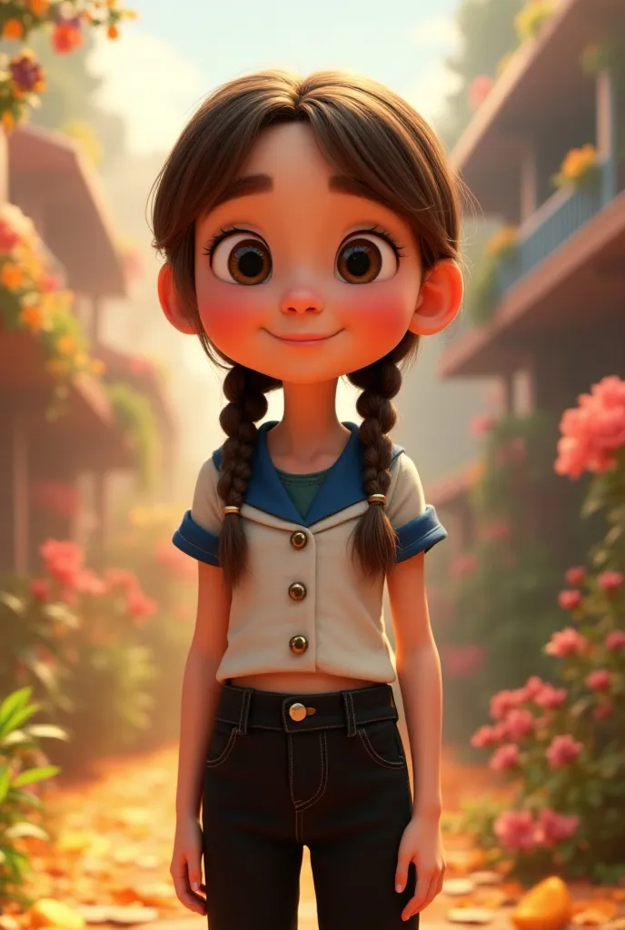 Disney -pixar movi poster Cute girl wearing short sleeved shirt, navy collar, braided hair, black high waisted pants 3D Disney-pixar style