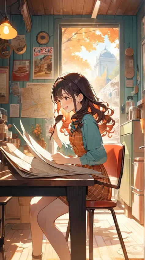 One Girl、 Adventurous Expression 、Bright smile、Long Curly Hair、Retro skirt、Hall々A positive attitude、Small breasts、 Holding a Map in Hand、  
break、  
Autumn Light、（Calm colors:1.2）、 Vivid Hues 、 Dynamic Composition 、Nostalgic atmosphere、 Energetic Spaces 、 ...