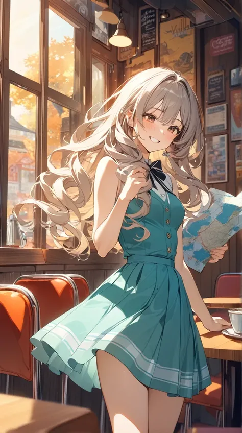 One Girl、 Adventurous Expression 、Bright smile、Long Curly Hair、Retro skirt、Hall々A positive attitude、Small breasts、 Holding a Map in Hand、  
break、  
Autumn Light、（Calm colors:1.2）、 Vivid Hues 、 Dynamic Composition 、Nostalgic atmosphere、 Energetic Spaces 、 ...