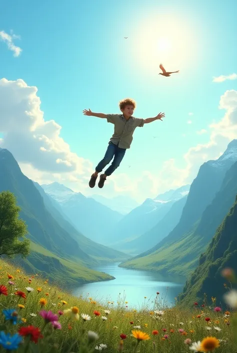 A boy falling from sky  on beautiful place 