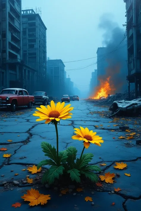  A painting of an apocalyptic landscape of a city abandoned after a war,  in shades of blue with collapsed buildings and wrecked cars and fire in the background. In the foreground, two yellow flowers that break on asphalt surrounded by autumn-colored leave...