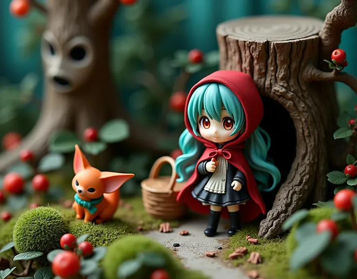 (masterpiece), (best quality), (ultra-detailed a miniature diorama setup in a spooky forest theme with closeup shot of nendoroid figure hatsune miku in little red riding hood outfits, goodsmile toys, tree stump, picnic basket  , extremely detailed decorati...