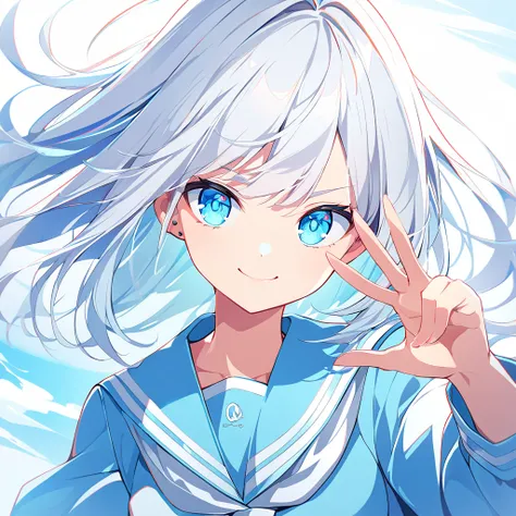 skistyle, cute 1girl, solo,4K, highres, a girl, schoolgirl, wink, making a peace sign, looking at viewer, semi long, white hair, sky blue eyes, sky blue sailor uniform, piercing, white background, soft-edge, upper part of the body, wind