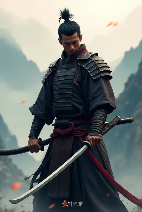  Create a samurai themed image with two swords crossing each other and containing the name "ANDRIZZ "  is a unique but cool text font created in WA profile 