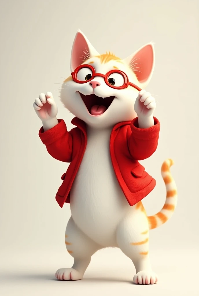 A playful white cat standing upright on its back two legs with its front paws in the air. The cat has a joyful, mischievous expression, with wide, excited eyes and big ears that stand out. cat moving is leg front and back. It is wearing a bright red coat a...