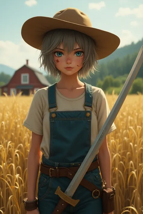 Make a young adult farm girl with short hair and bangs, having a farmer&#39;s hat on his head his hair is grayish brown in color holding a sword with a fearless look, with injuries on her face behind her there is a farm in the distance and some wheat plant...