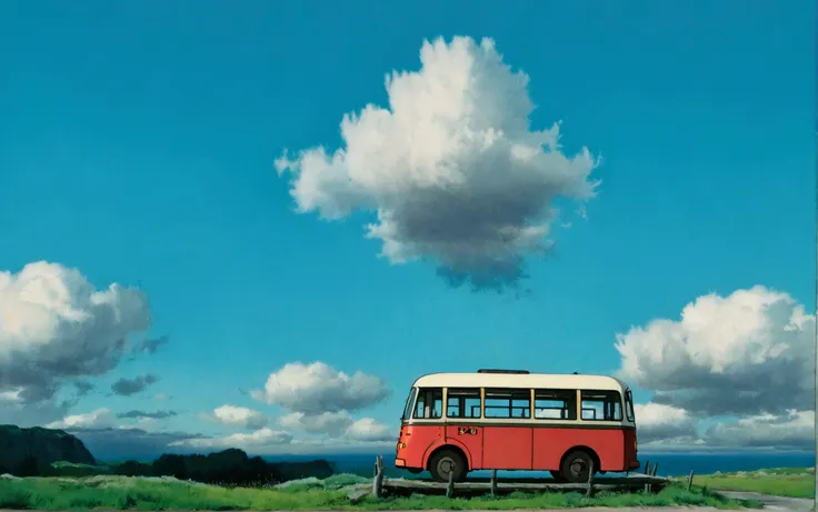 (minimalism:1.4), bus stop bus stop waiting area, studio ghibli art, miyazaki, pasture with blue sky and white clouds