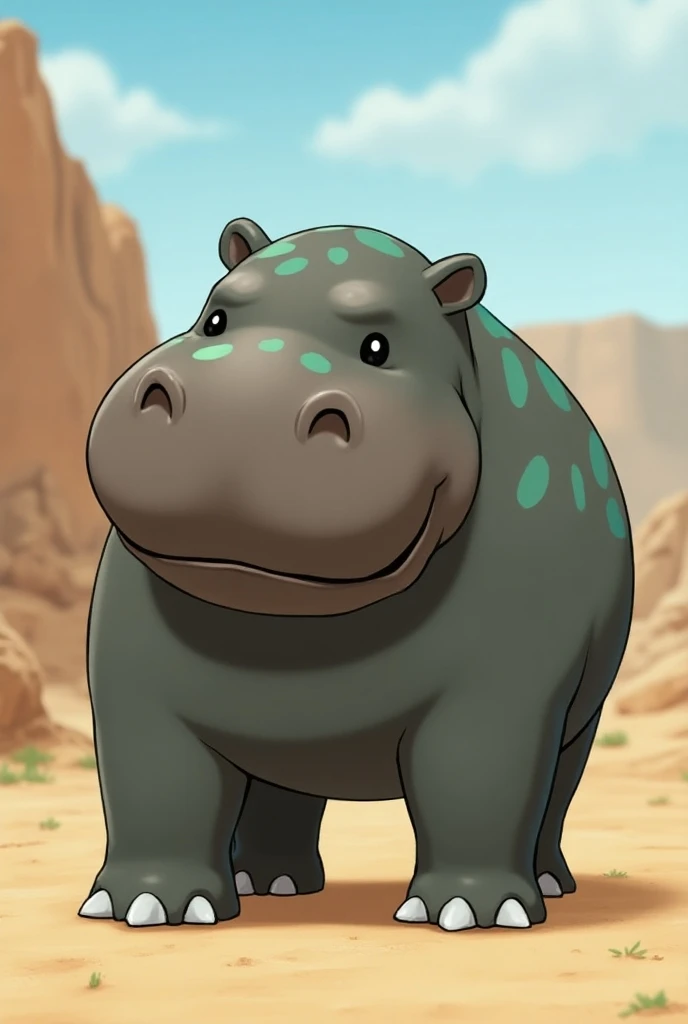  Hippoterus is relaxed in very dry and desert-like or rocky areas .  Hippoterus is quite large ,  hippo like Pokémon with a clumsy and thick ,  but strong body . On the four short legs ,  around which there are two gray rings ,  it has sharp claws .  Its c...