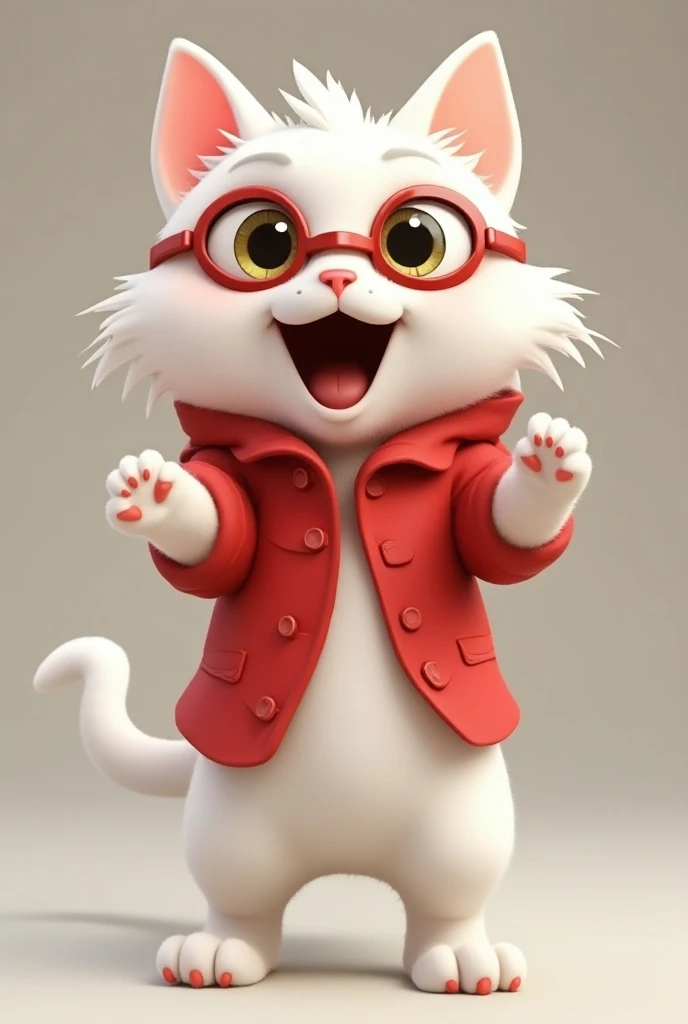 A playful white cat standing upright on its back two legs with its front paws in the air. The cat has a joyful, mischievous expression, with wide, excited eyes and big ears that stand out. cat moving is hand up and down. It is wearing a bright red coat and...