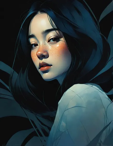 Minimalism, flat color plan, a beautiful asian girl with freckles, from side, poster art , seductive eyes, in shadow, darkness, shadows, in the dark, soft light, darkness, focus on subject, painting, minimalism, beautiful face, art by artgerm, illustration...