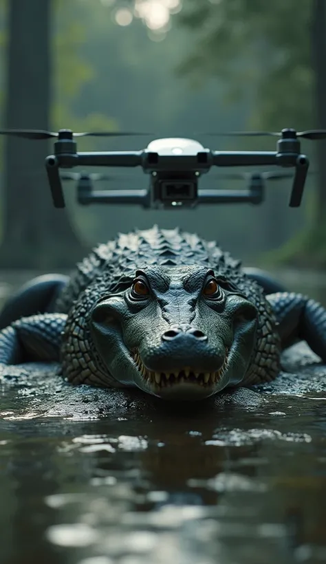 A hyper-realistic, cinematic scene depicting a massive crocodile and a high-tech military drone positioned side by side. The crocodile lies partially submerged in muddy water, its rough, scaly skin glistening under dim, natural light. Its powerful jaws rem...