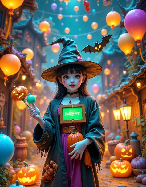 (vision:1.0)，(wide angle:1.0)，(whole body:1.3)，  halloween themed haunted house ，a female model wears scary halloween makeup，wea...