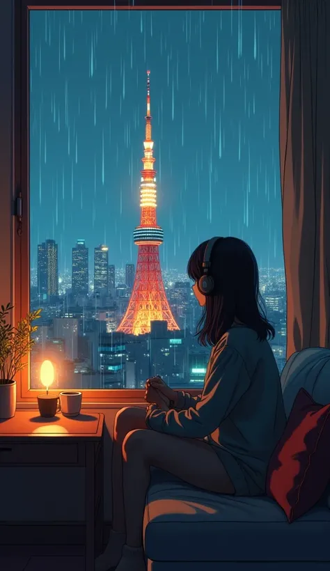   There is a coffee cup on the table in front of the window, Rainy Evening, Rainy Afternoon, Tokyo Tower、Cozy apartment background, Relax on the sofa, In the evening rain, Lo-Fi furniture , Rainy atmosphere, Rainy Day,   realistic city picture , Cozy place...