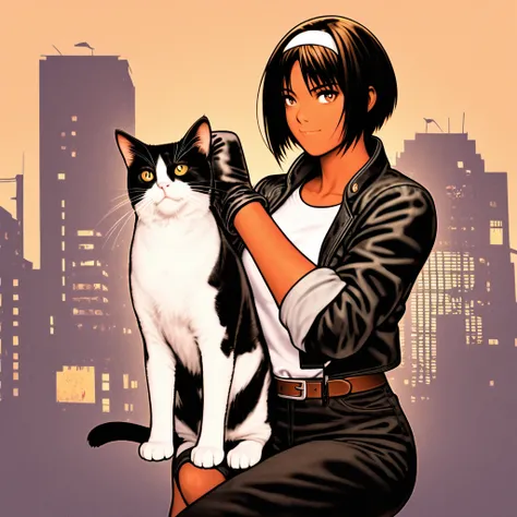 One Girl, A cat,  short hair, slightly larger chest , Dark Skin Tone, Black Hair, She is wearing ((Black jacket with sleeves rolled up)),   fingerless gloves,  white t-shirt, (( White Headband )), Black Pants, White shoes, Brown Belt.  The girl is smiling ...