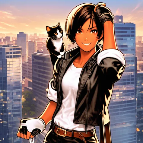 One Girl, A cat,  short hair, slightly larger chest , Dark Skin Tone, Black Hair, She is wearing ((Black jacket with sleeves rolled up)),   fingerless gloves,  white t-shirt, (( White Headband )), Black Pants, White shoes, Brown Belt.  The girl is smiling ...