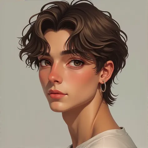 Cute hot sexy light tan skin boy 21 years with light brown mid length hair and silver hair strands on his front his hairstyle is middle part and his big eyes color are espresso.  I want his side profile with his button nose. He wears two hoop earrings on h...