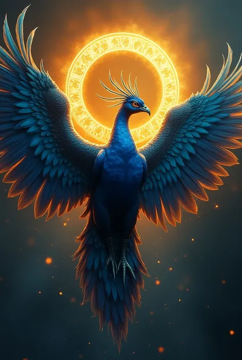 Phoenix that featured like immortal peacock, with gigantic golden rune halo at back,golden halo that can distort space -river time, vibrant feathers, powerful wings, phoenix, zenith light, close-up shot: Phoenix, mythical creature, detailed feathers, inten...