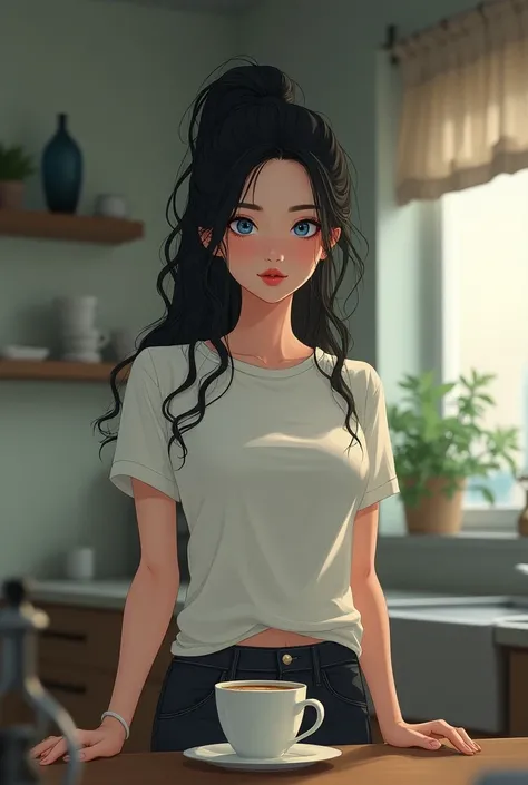 (absurdities,  High resolution , ultra detalhado, manhwa, realism, woman HIGH QUALITY), 1 woman,adult, (((Madura))), slender body,  long wavy hair at the back tied in a bun,black hair, * vibrant blue eyes* neutral and cool features ,  full and velvety lips...