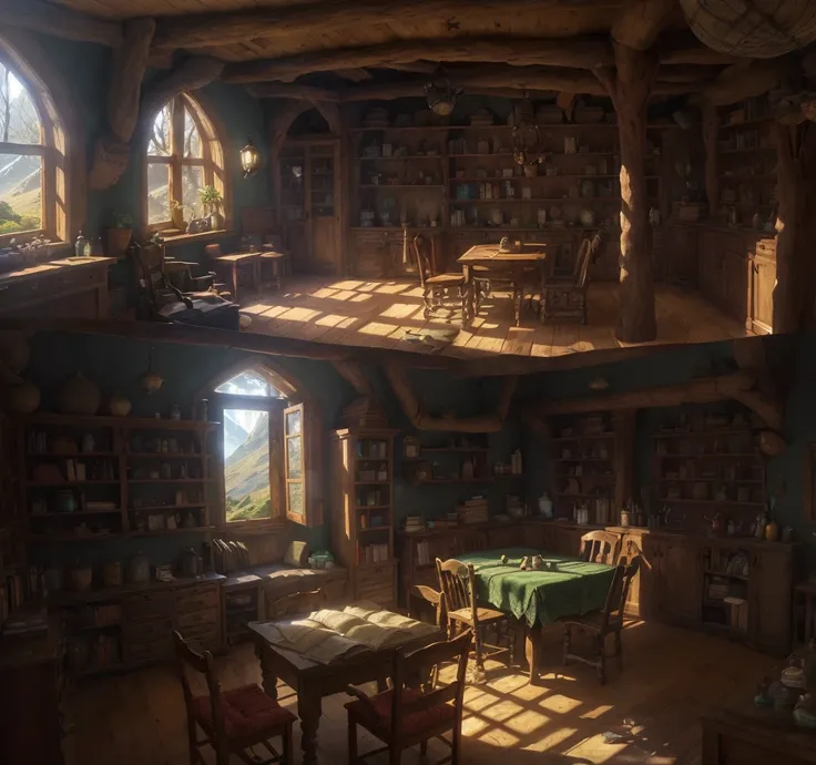 The fantasy room you describe has a mysterious and inquisitive atmosphere. The central table of the room is the main focus, with colorful bottles of medicine and old books filled with magic, carefully arranged, high bookshelves filled with books and scroll...