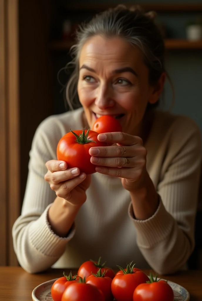 One  eating tomato in house 