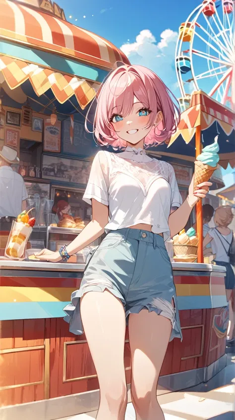 One Girl、A happy smile、Sparkling Eyes、 Short Bob Hairstyle 、 casual retro fashion、Small breasts、 has ice cream 、  
break、  
Summer sunshine、（ Vivid Hues :1.3）、Bright highlights、 Vibrant Atmosphere 、Classic style 、 Dynamic Composition 、 Artistic Details 、 A...