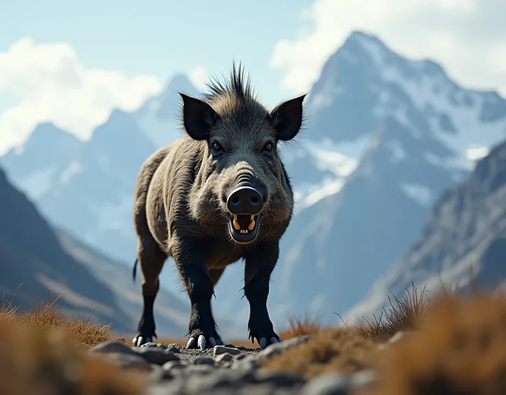 An angry Boar with an open mouth and sharp fangs and evil eyes stands against the backdrop of mountains and looks straight into the camera. very detailed, 8k quality. the boar is distant back