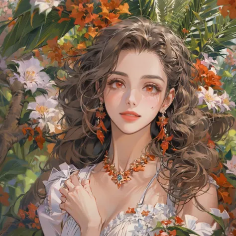 (absurdres, high resolution, ultra detailed, realistic, ),  portrait of one 18 year-old girl, solo female, elegance, long curly white hair, red eyes, large breasts, 1 female, simple elegance, elegant princess clothes, red lips, seductive smile, palm tree, ...