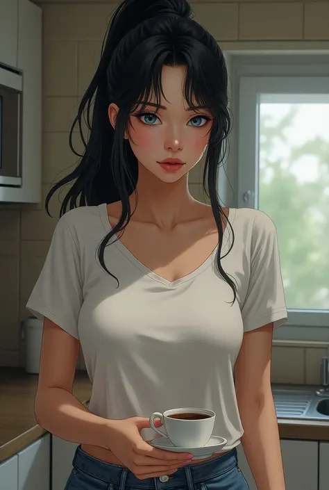 (absurdities,  High resolution , ultra detalhado, manhwa, realism, woman HIGH QUALITY), 1 woman,adult, (((Madura))), slender body,  long wavy hair at back length tied in a bun,black hair, * vibrant blue eyes* neutral and cool features ,  full and velvety l...