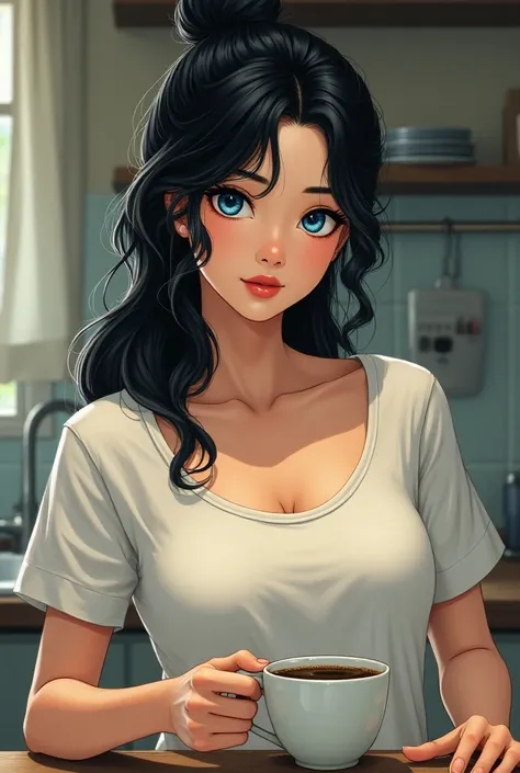 (absurdities,  High resolution , ultra detalhado, manhwa, realism, woman HIGH QUALITY), 1 woman,adult, (((Madura))), slender body,  long wavy hair at back length tied in a bun,black hair, * vibrant blue eyes* neutral and cool features ,  full and velvety l...