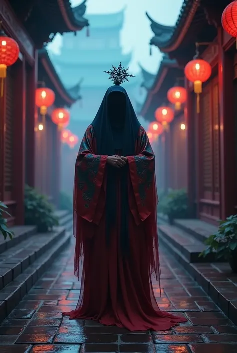 cary ghost scene, reflecting ancient Chinese architecture, Ghost festival, sacrifice in the style of dark crimson and azure, frightful folklore, stylish costume design, highly realistic, best quality, hyper - detailed, 3D, OC renderer, Ultra HD, octane ren...