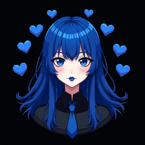 Make a logo of a pale goth asian waifu,
High Resolution, Best Quality, Detail, HD, High Details, High Quality, Quality, Super Detailed, UHD, Long Hair, royal Blue hair, Blue eyes, blue lipstick, black background with Blue hearts, anime, pixel style